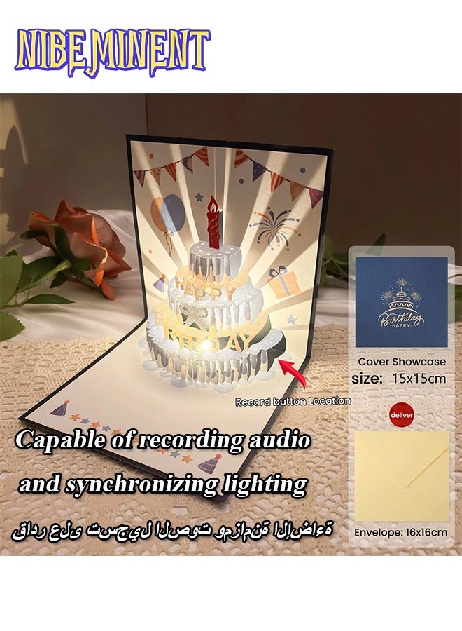 NIBEMINENT 3D Birthday Cards, Can Make a Recording Convey Your Blessings With Warm LED Light Birthday Cake Card, Music Greeting Cards Gift for Women Mom Wife Sister Girl - Image 1